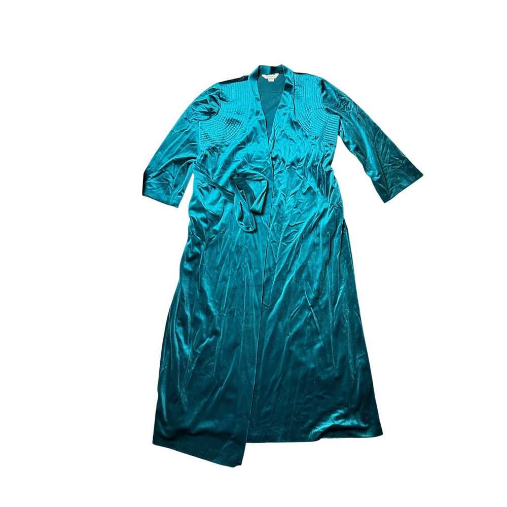 Vintage 70s 80s At HomeWear Sears Teal Velour Belted Robe Quilted Maxi